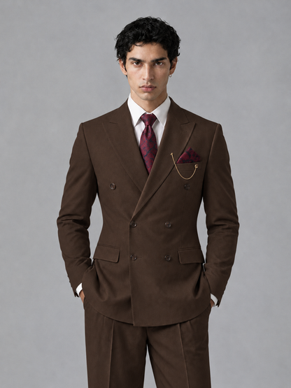 Savile Men's Chocolate Double-Breasted 2-Piece Suit Set – Peak Lapel Blazer & Pleated Wide-Leg Trousers - Chocolate - Chocolate_1