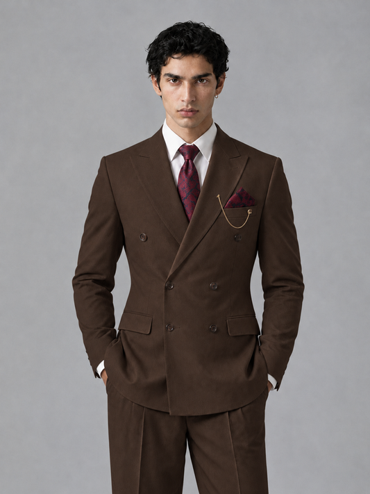 Savile Men's Chocolate Double-Breasted 2-Piece Suit Set – Peak Lapel Blazer & Pleated Wide-Leg Trousers - Chocolate - Chocolate_1