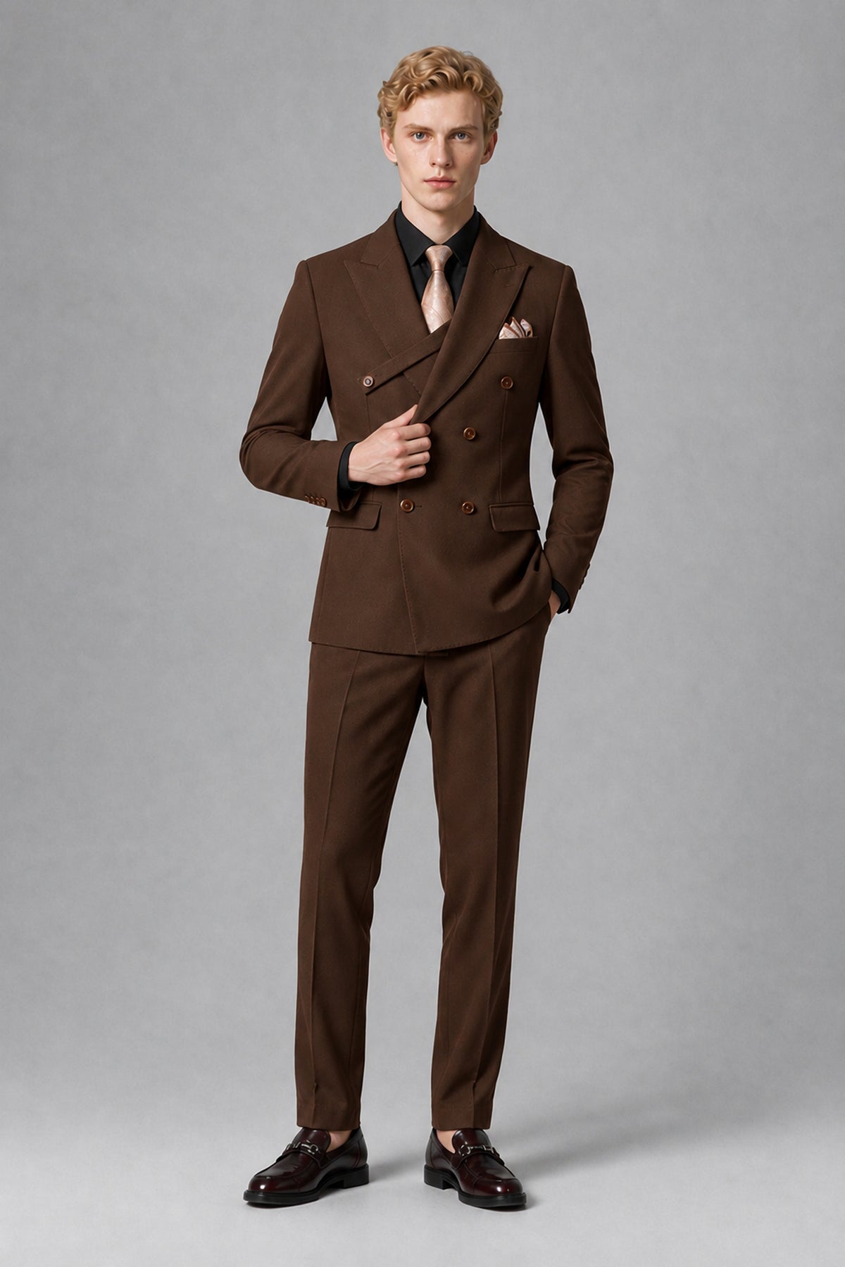 Savile Men's Chocolate Double-Breasted Two-Piece Suit - Chocolate
