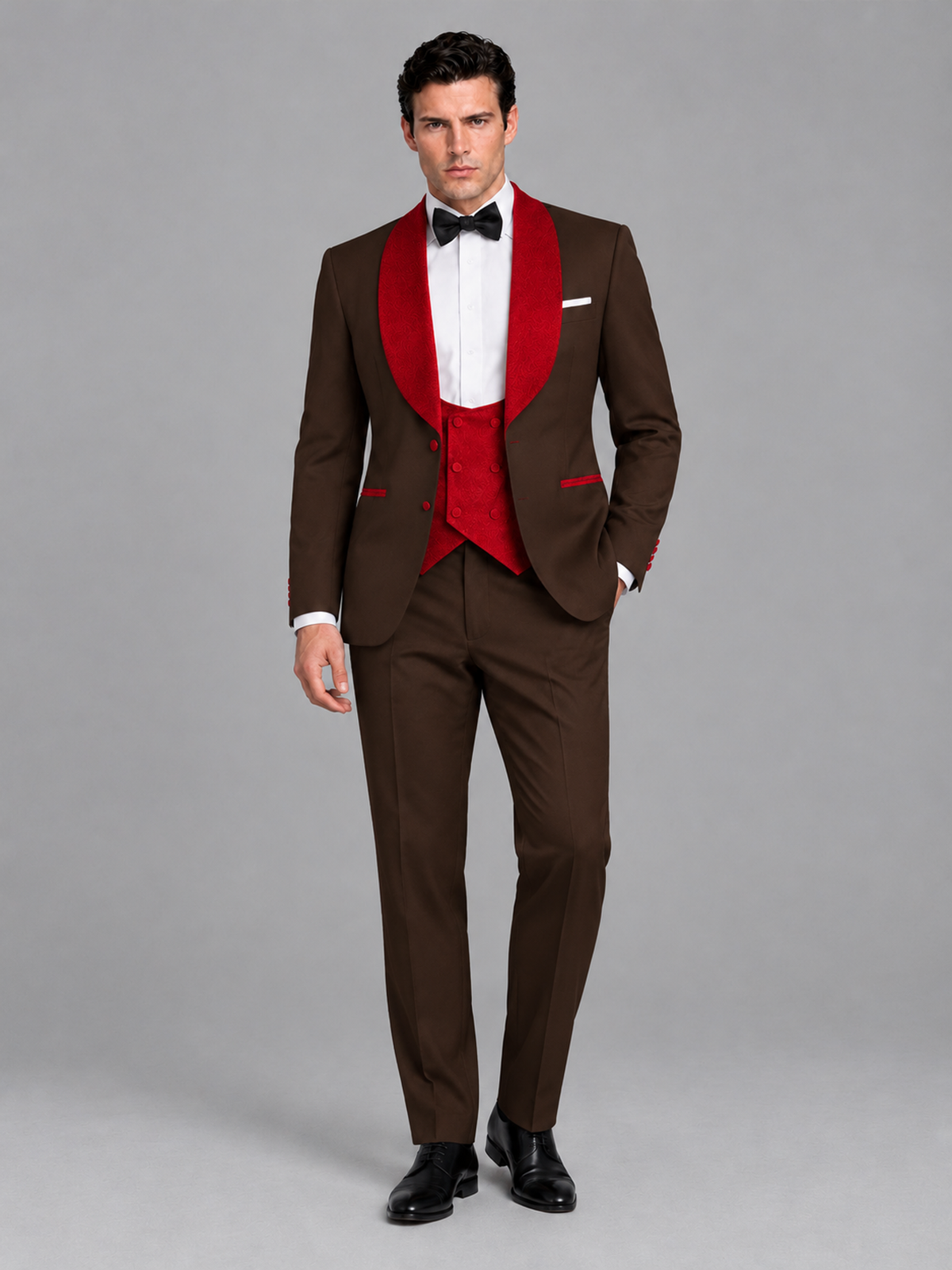 Savile Men's Chocolate 3-Piece Tuxedo Suit Set – Contrast Red Shawl Lapel Blazer, Red Waistcoat & Trousers - SUC020 - Chocolate