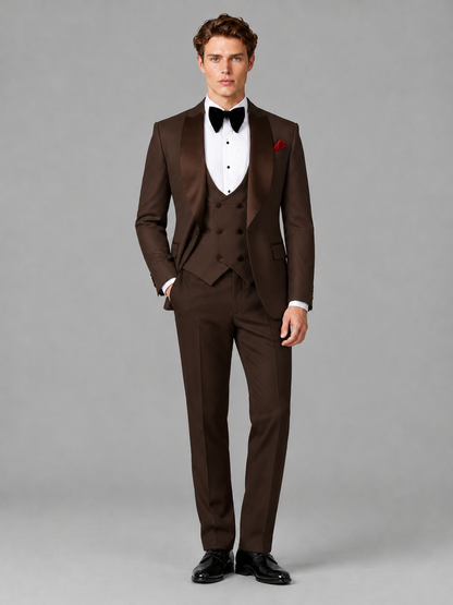 Savile Men's Chocolate Houndstooth Shawl Lapel 3-Piece Tuxedo Suit Set – Jacket, Vest & Trousers - Chocolate