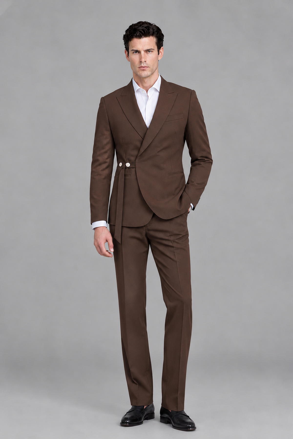Savile Men's Modern Chocolate 2-Piece Wrap Suit Set – Peak Lapel Side-Button Blazer & Tailored Trousers - Chocolate - Chocolate_2