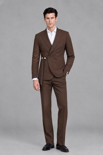 Savile Men's Modern Chocolate 2-Piece Wrap Suit Set – Peak Lapel Side-Button Blazer & Tailored Trousers - Chocolate - Chocolate_2