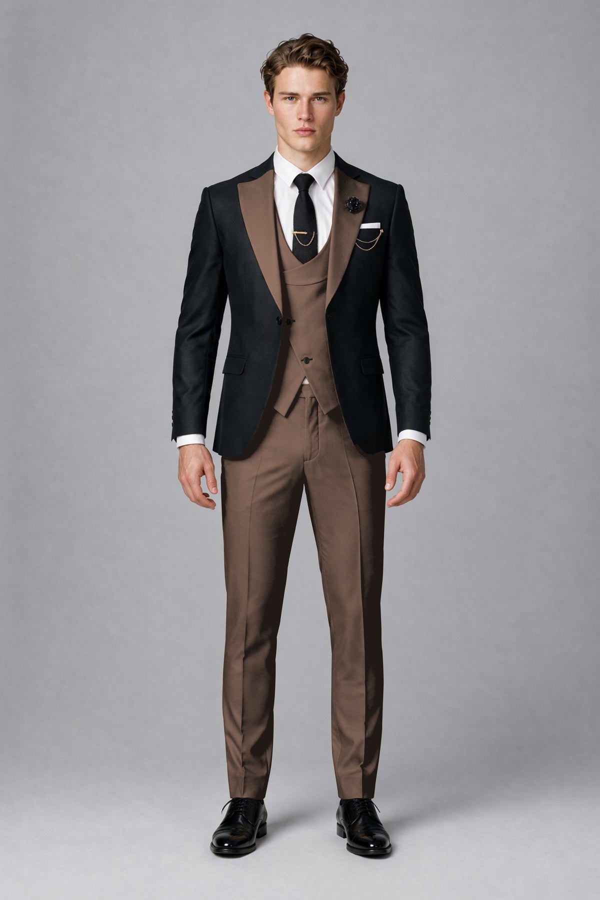 Savile Men's Black & Chocolate Three-Piece Wedding Suit - Chocolate