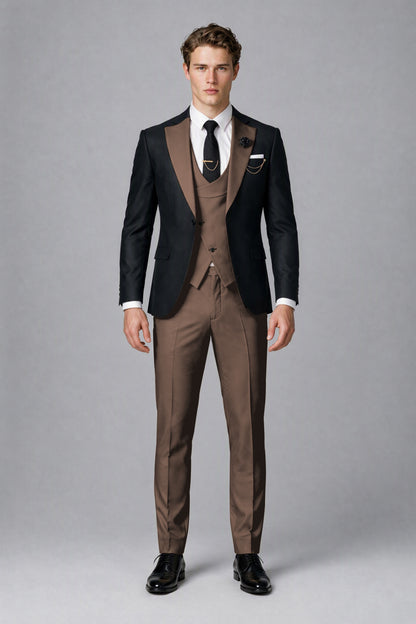Savile Men's Black & Chocolate Three-Piece Wedding Suit - Chocolate
