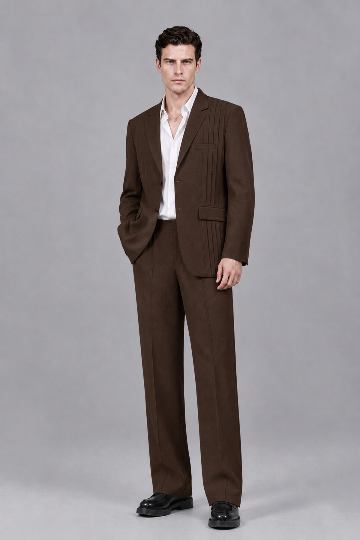 Savile Men's Chocolate Pleated 2-Piece Suit Set | Notch Lapel Blazer & Tailored Trousers - Chocolate - Chocolate_2