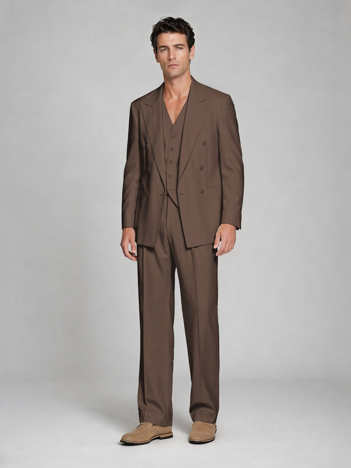 Men's Chocolate Double-Breasted 2-Piece Suit – Peak Lapel Wedding & Beach Formal Set with Vest - Chocolate