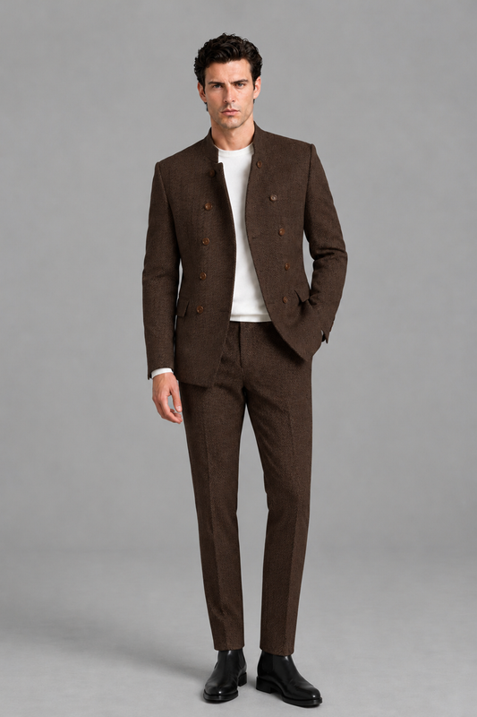 Savile Men's Chocolate Stand Collar Double Breasted Slim Fit 2-Piece Suit Set – Jacket & Trousers | Wedding Gala Formal - Chocolate