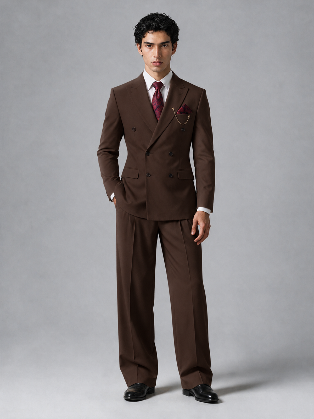 Savile Men's Chocolate Double-Breasted 2-Piece Suit Set – Peak Lapel Blazer & Pleated Wide-Leg Trousers - Chocolate - Chocolate_2