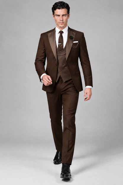 Savile Men's Chocolate 3-Piece Tuxedo Suit – Contrast Silver Peak Lapel & Grey Vest Formal Set - Chocolate - Chocolate_2