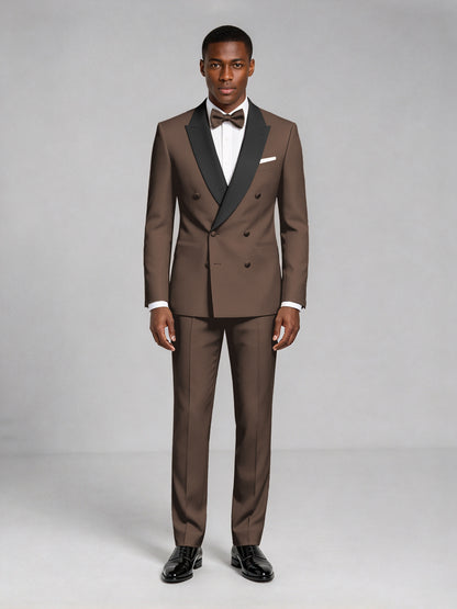 Men's Chocolate Double-Breasted Tuxedo Suit – Satin Shawl Lapel Chocolate-Tie Wedding & Gala 2-Piece Set - Chocolate