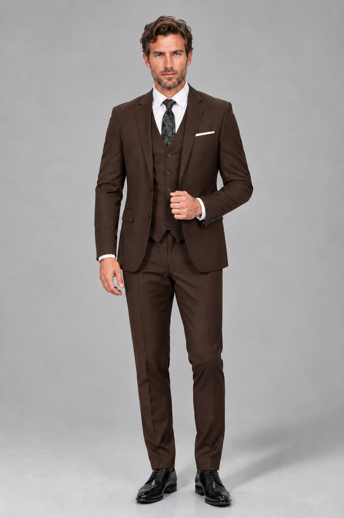 Savile Men's Chocolate 3-Piece Suit Set – Notch Lapel Blazer, Vest & Trousers - Chocolate - Chocolate_2