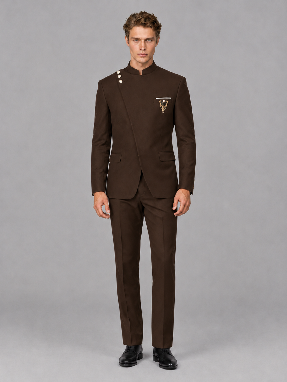 Savile Men's Chocolate Mandarin Collar Asymmetrical 2-Piece Suit Set – Modern Jacket & Trousers - Chocolate - Chocolate_2