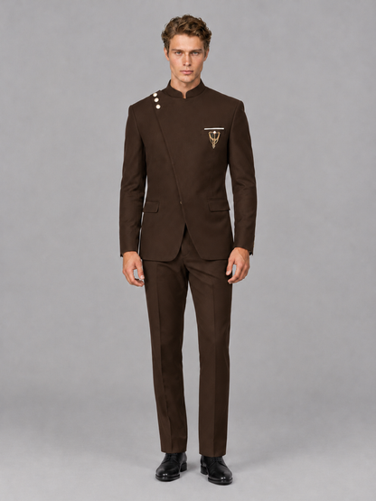 Savile Men's Chocolate Mandarin Collar Asymmetrical 2-Piece Suit Set – Modern Jacket & Trousers - Chocolate - Chocolate_2