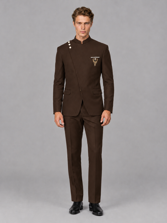 Savile Men's Chocolate Mandarin Collar Asymmetrical 2-Piece Suit Set – Modern Jacket & Trousers - Chocolate - Chocolate_2
