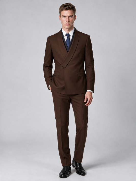 Savile Men's Chocolate Wrap Shawl Lapel 2-Piece Suit Set – Modern Jacket & Trousers - Chocolate - Chocolate_2