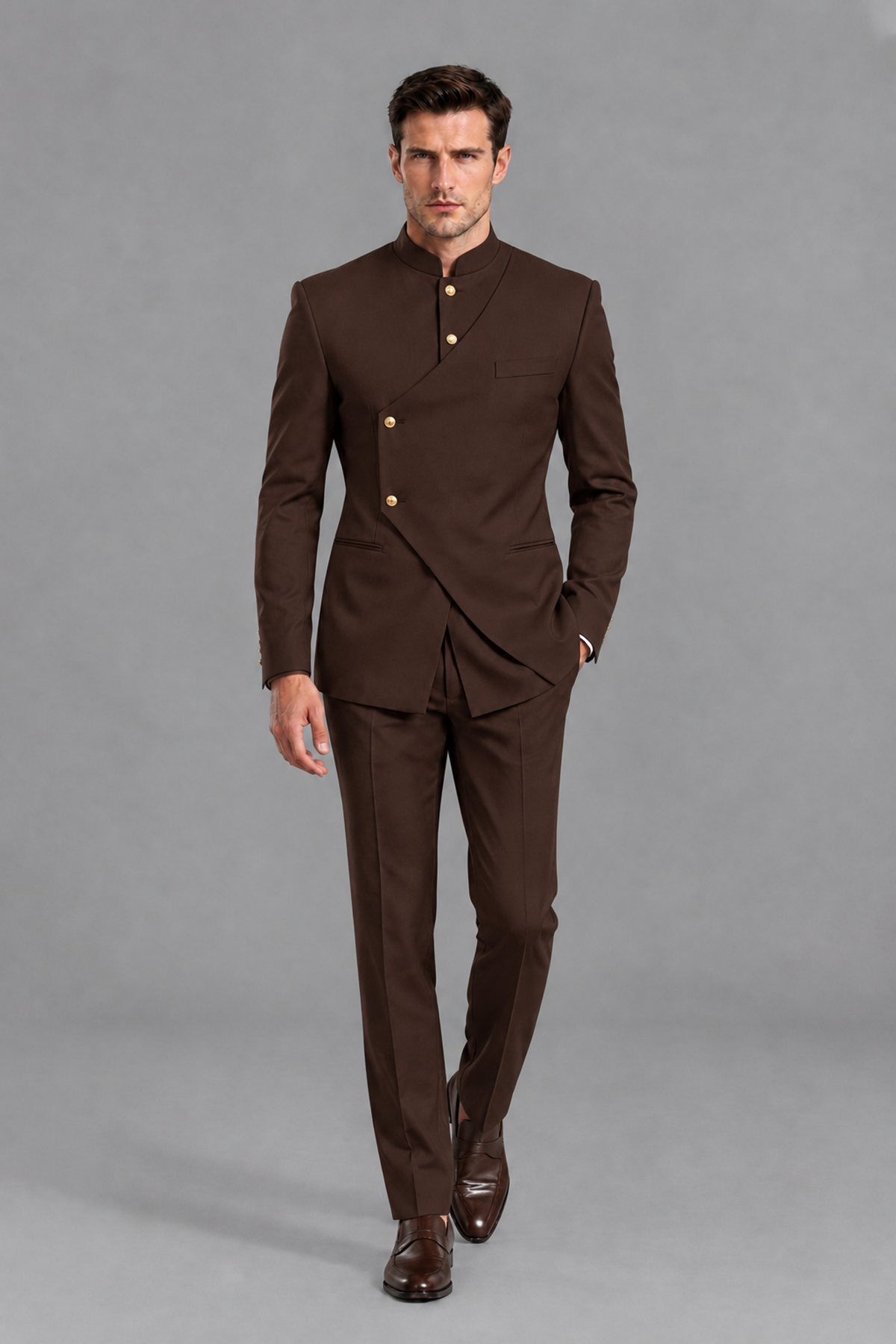 Savile Men's Chocolate Asymmetrical Mandarin Collar Tuxedo Suit – Modern 2-Piece Gold Button Wedding, Prom & Gala Set - Chocolate - Chocolate_2