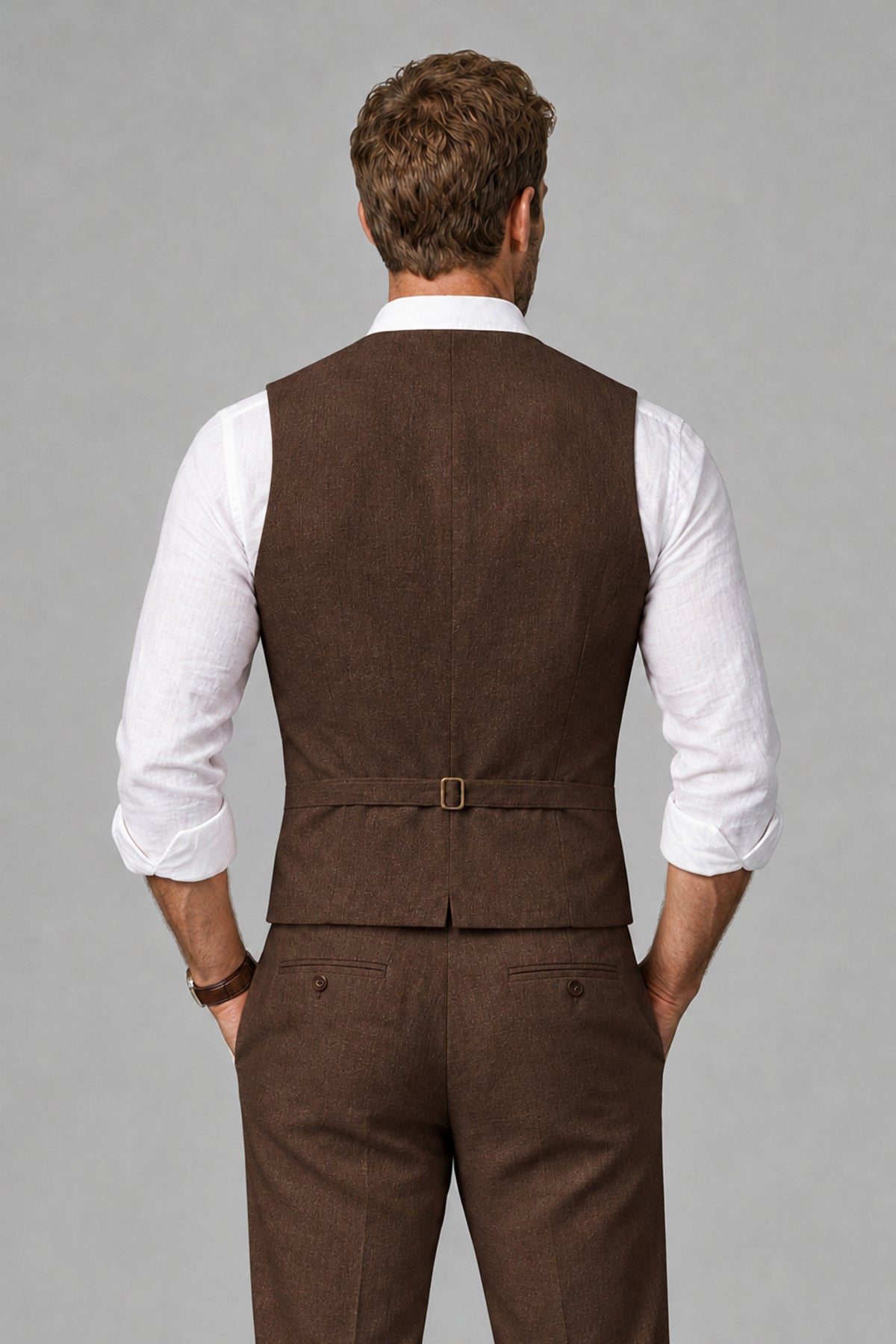 Men's Chocolate Linen Blend Single-Breasted V-Neck Suit Vest | Savile QX0101 - Chocolate