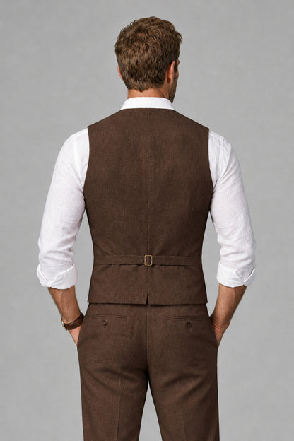Men's Chocolate Linen Blend Single-Breasted V-Neck Suit Vest | Savile QX0101 - Chocolate