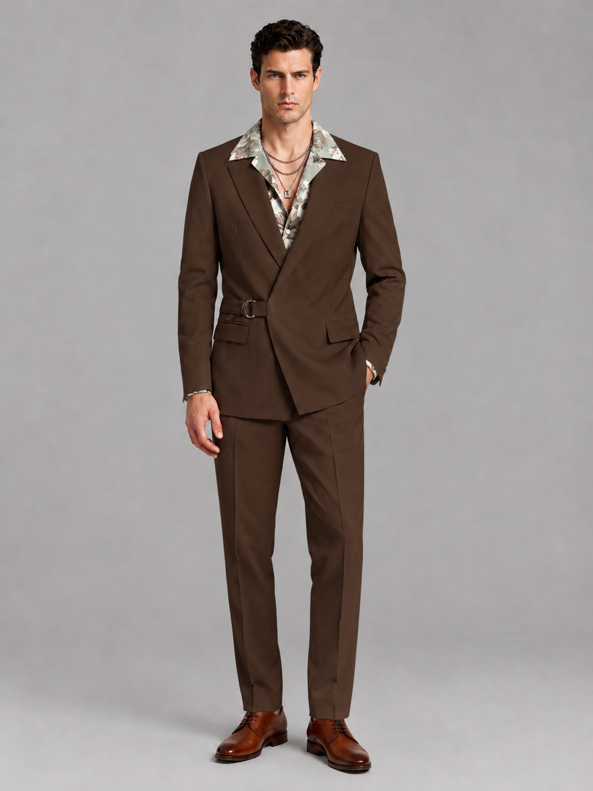 Savile Men's Chocolate Belted Wrap 2-Piece Suit – Peak Lapel Blazer & Tailored Trousers - SUC060 - Chocolate - Chocolate_2