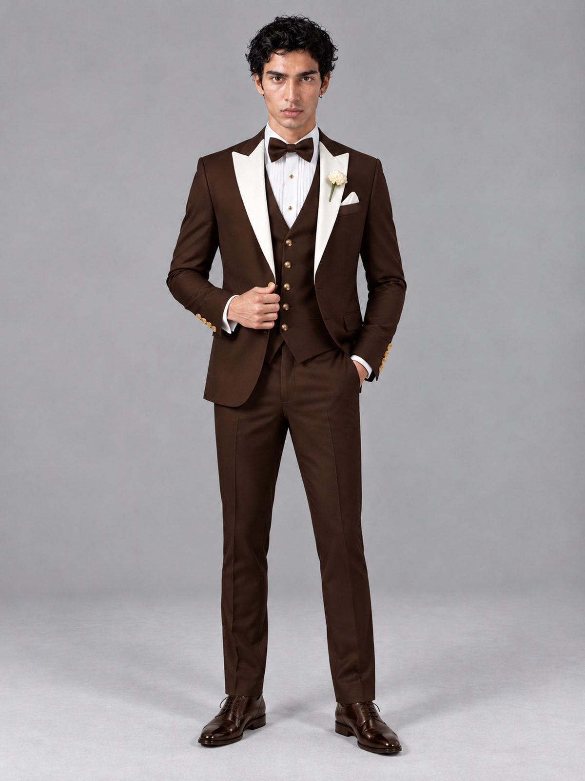 Savile Men's Chocolate Contrast White Peak Lapel 3-Piece Tuxedo Suit - Chocolate