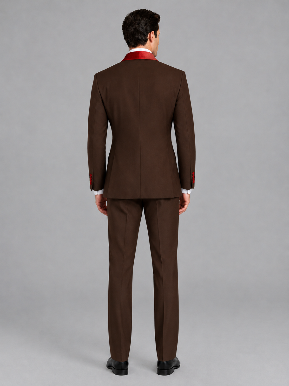 Savile Men's Chocolate 3-Piece Tuxedo Suit Set – Contrast Red Shawl Lapel Blazer, Red Waistcoat & Trousers - SUC020 - Chocolate