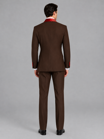 Savile Men's Chocolate 3-Piece Tuxedo Suit Set – Contrast Red Shawl Lapel Blazer, Red Waistcoat & Trousers - SUC020 - Chocolate