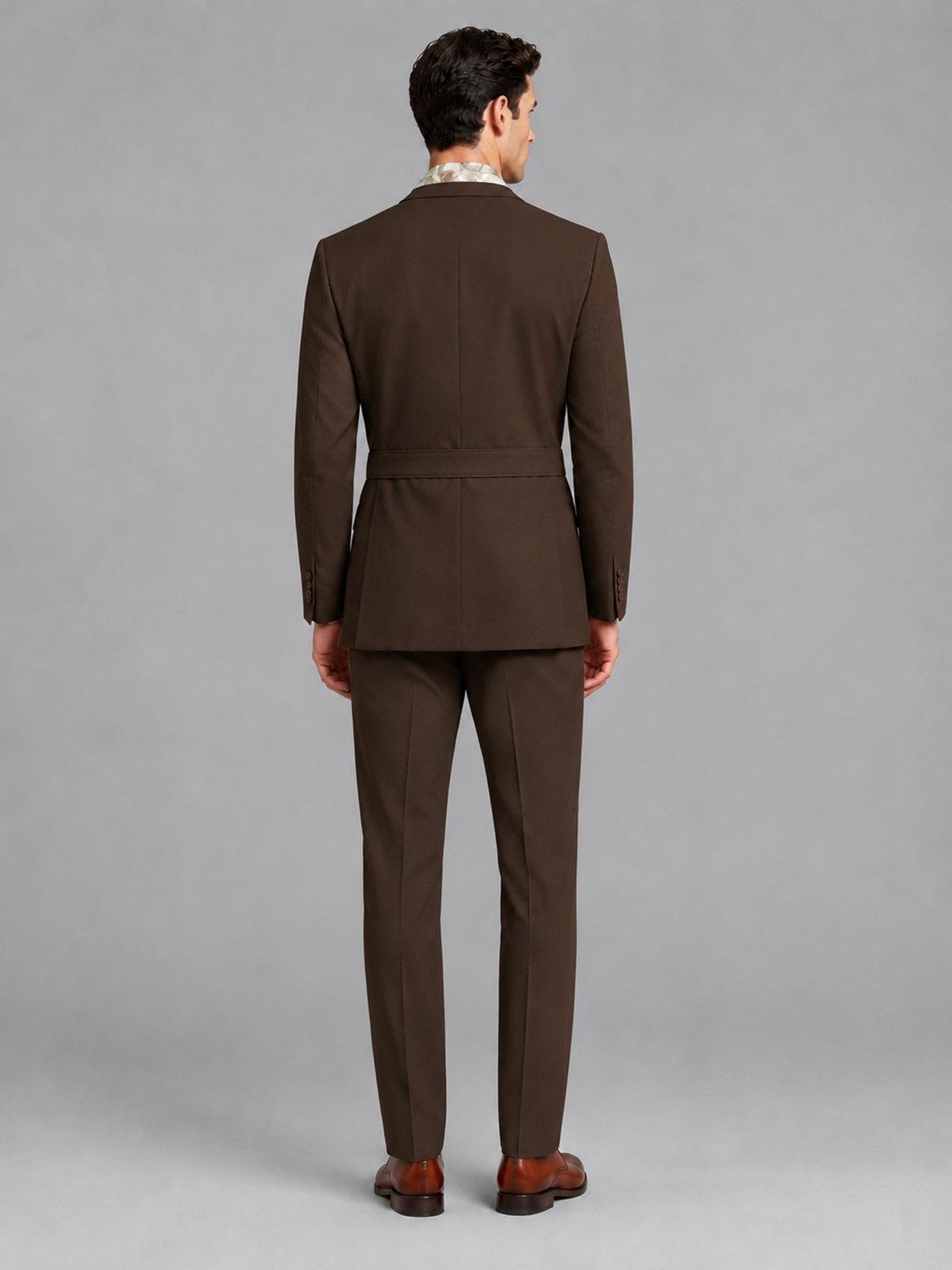 Savile Men's Chocolate Belted Wrap 2-Piece Suit – Peak Lapel Blazer & Tailored Trousers - SUC060 - Chocolate - Chocolate_3