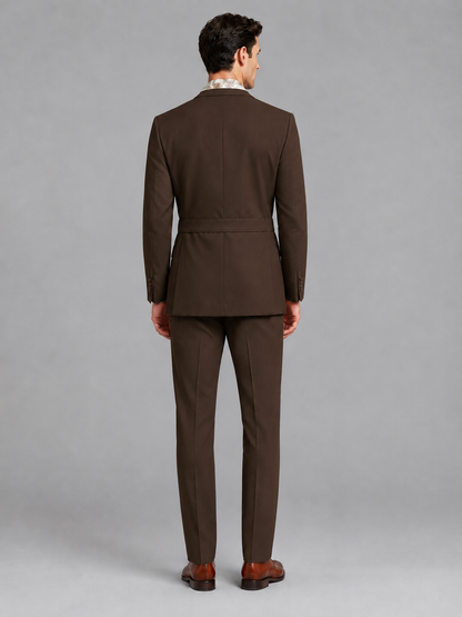 Savile Men's Chocolate Belted Wrap 2-Piece Suit – Peak Lapel Blazer & Tailored Trousers - SUC060 - Chocolate - Chocolate_3