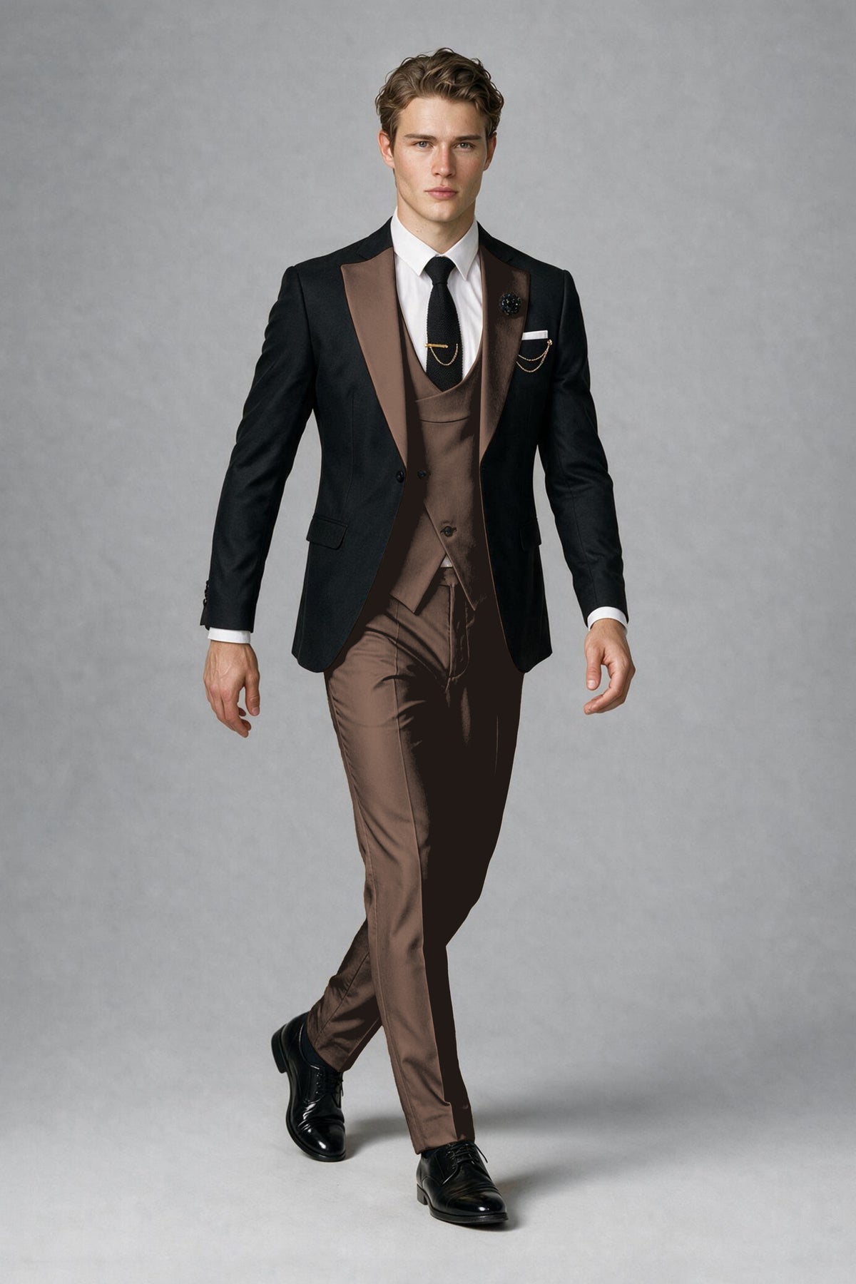 Savile Men's Black & Chocolate Three-Piece Wedding Suit - Chocolate