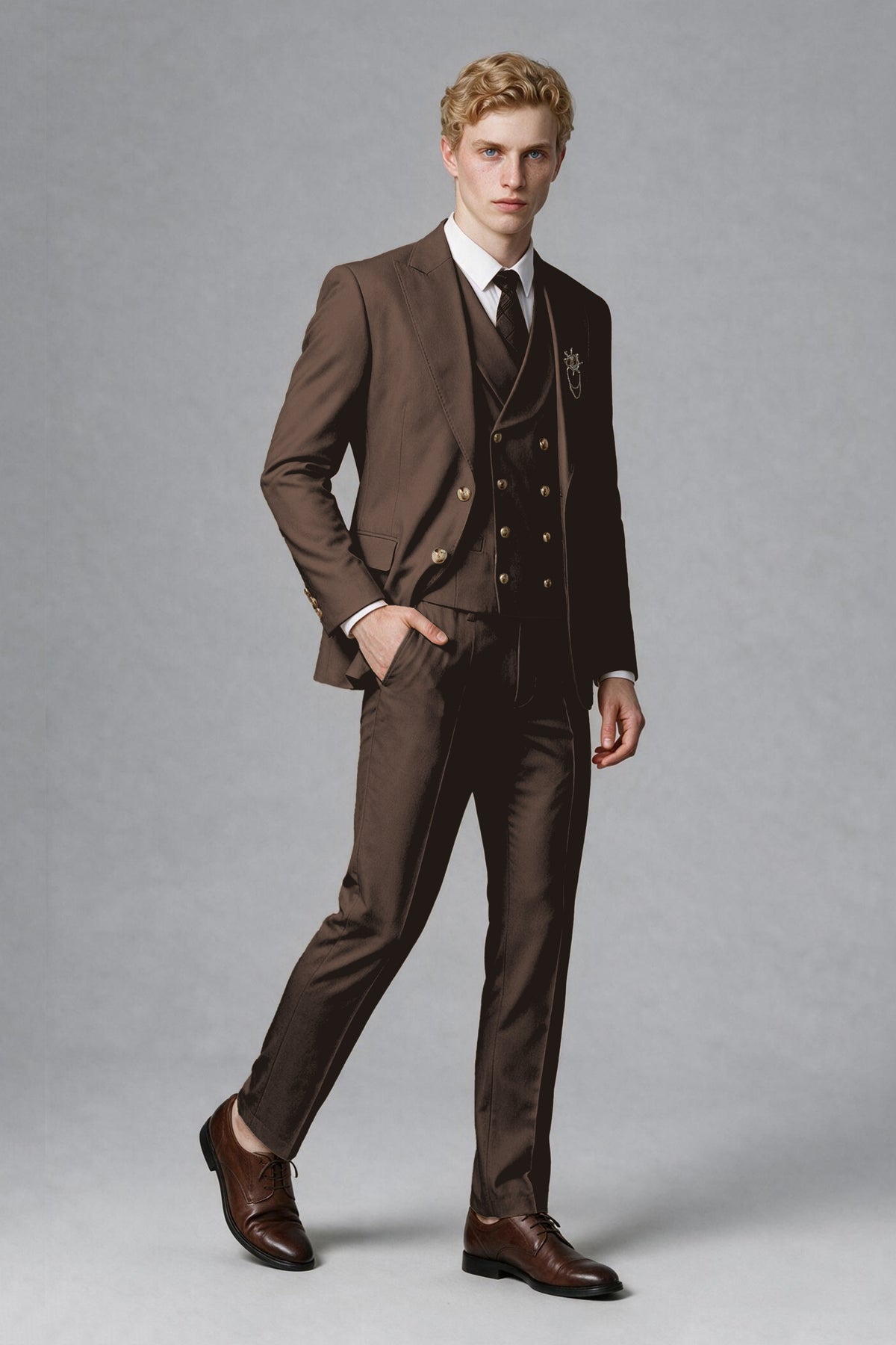 Savile Men's Chocolate Three-Piece Wedding Suit with Double-Breasted Waistcoat - Chocolate