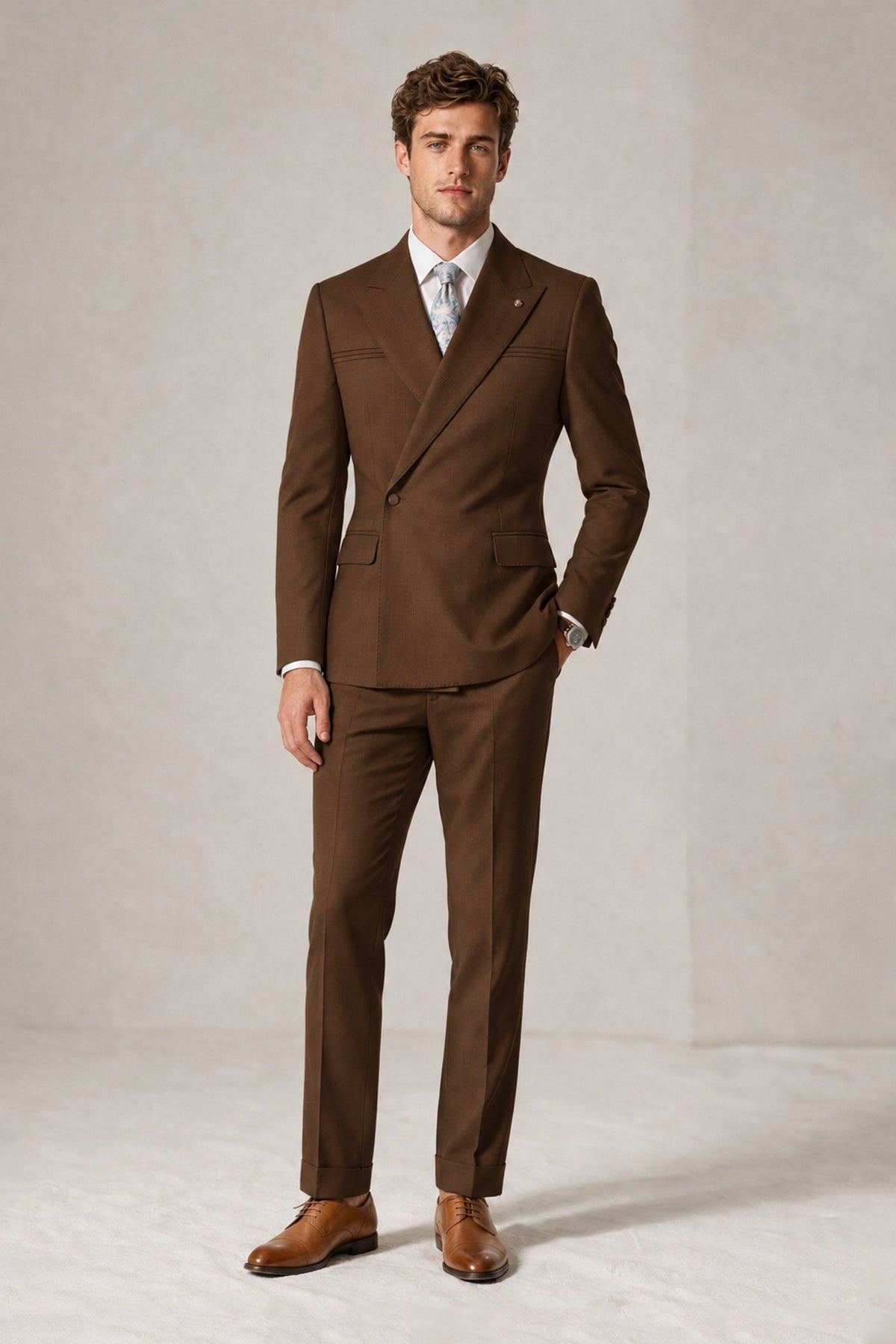 Savile Men's Chocolate Double-Breasted Slim Fit 2-Piece Suit Set – Peak Lapel Blazer & Cuffed Trousers | Wedding Prom Formal - Chocolate
