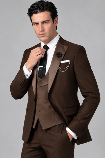 Savile Men's Chocolate 3-Piece Tuxedo Suit – Contrast Silver Peak Lapel & Grey Vest Formal Set - Chocolate - Chocolate_3