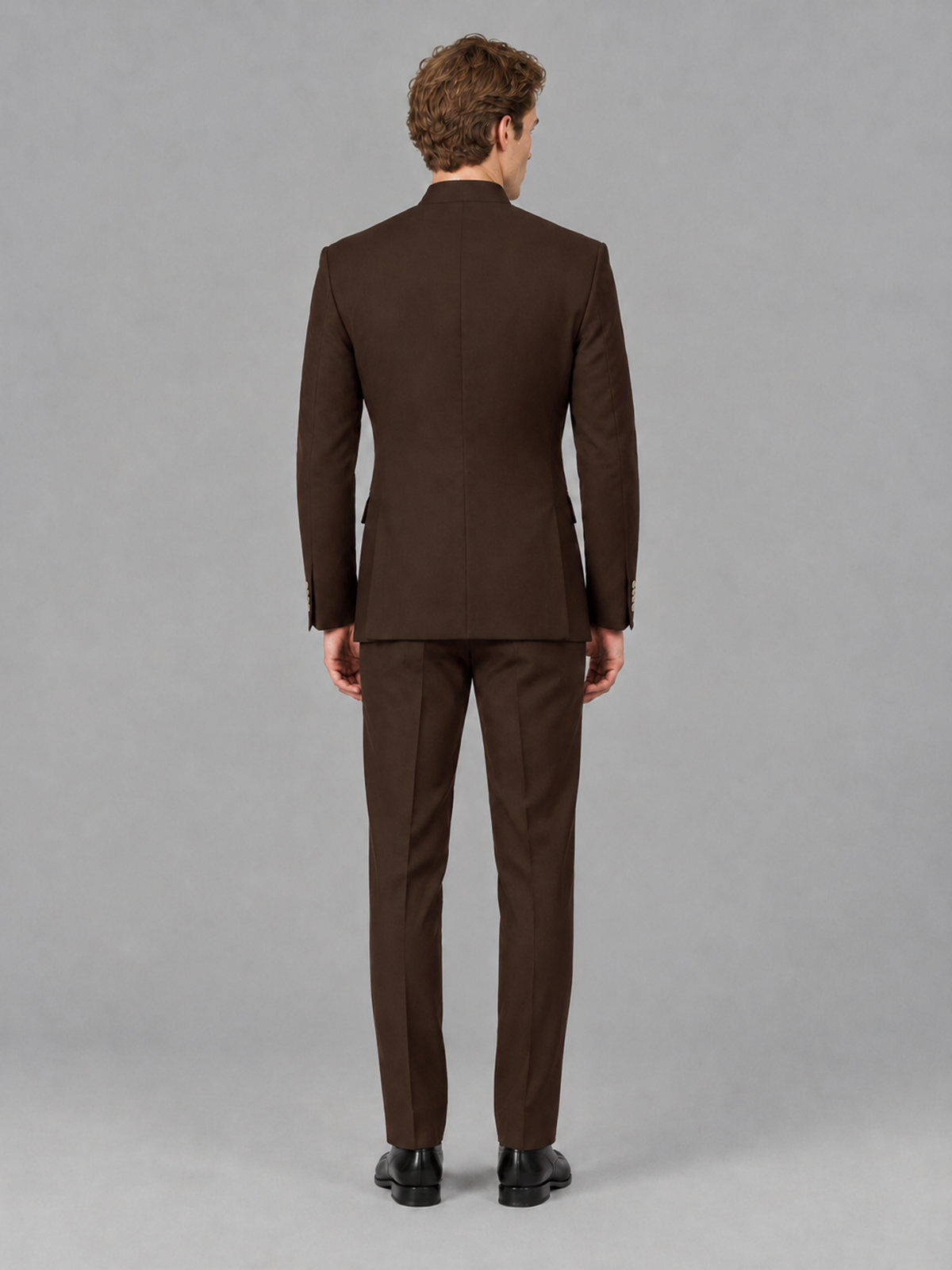 Savile Men's Chocolate Mandarin Collar Asymmetrical 2-Piece Suit Set – Modern Jacket & Trousers - Chocolate - Chocolate_3