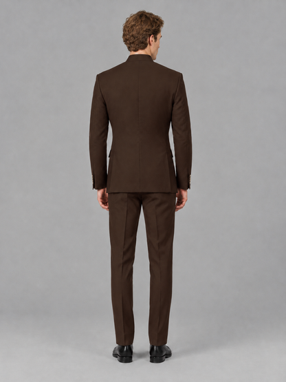 Savile Men's Chocolate Mandarin Collar Asymmetrical 2-Piece Suit Set – Modern Jacket & Trousers - Chocolate - Chocolate_3