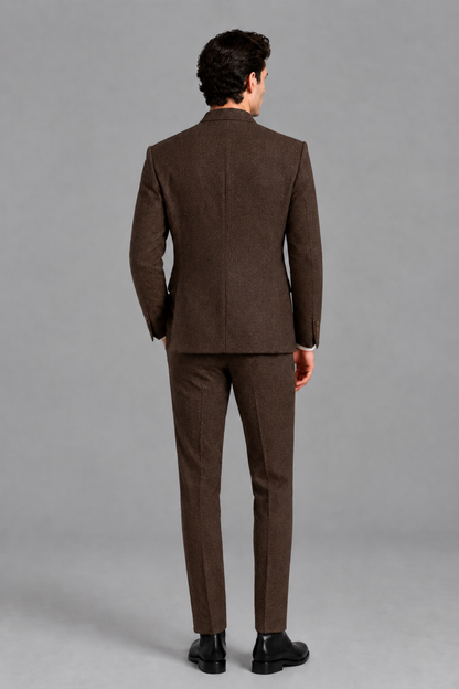 Savile Men's Chocolate Stand Collar Double Breasted Slim Fit 2-Piece Suit Set – Jacket & Trousers | Wedding Gala Formal - Chocolate