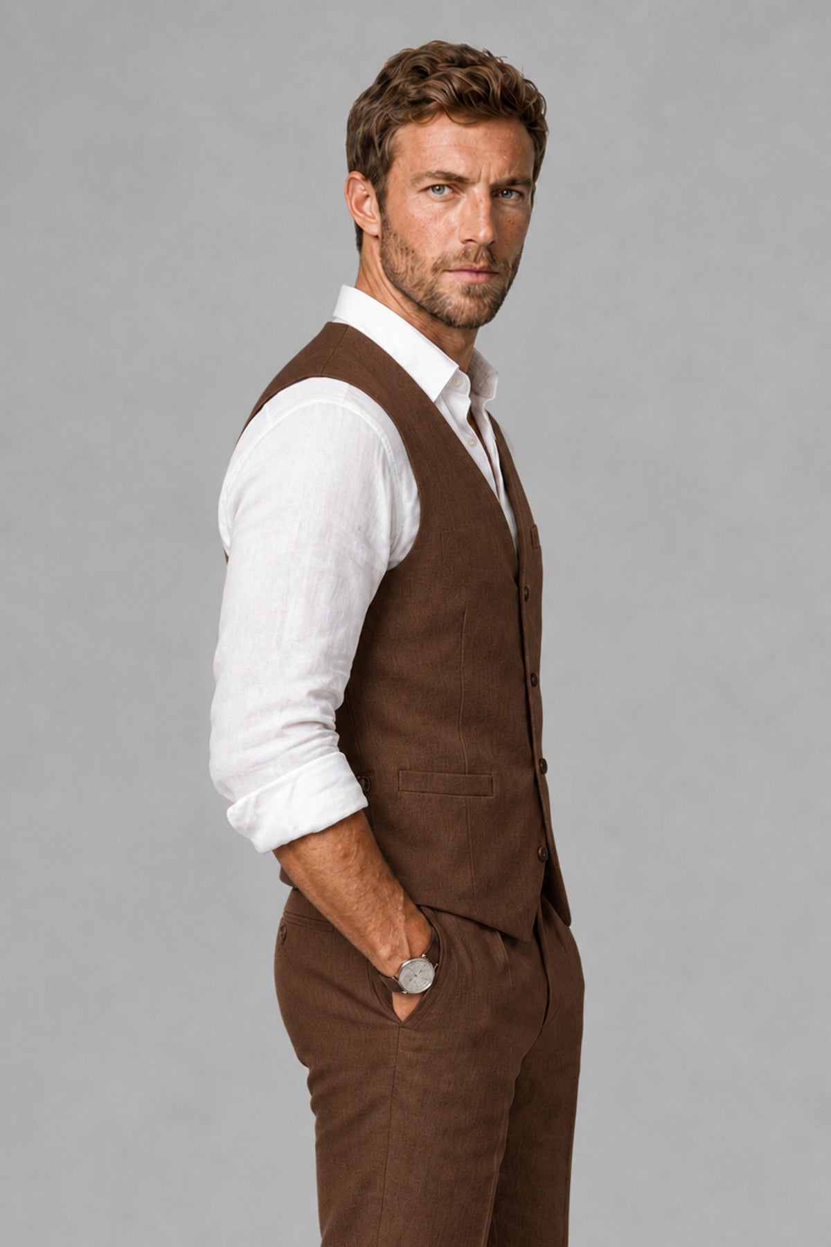 Men's Chocolate Linen Blend Single-Breasted V-Neck Suit Vest | Savile QX0101 - Chocolate