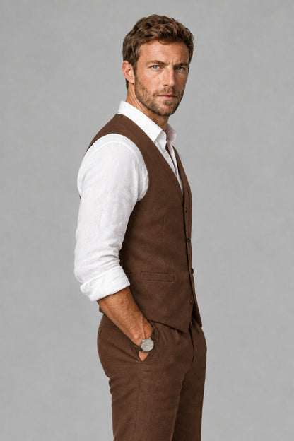 Men's Chocolate Linen Blend Single-Breasted V-Neck Suit Vest | Savile QX0101 - Chocolate