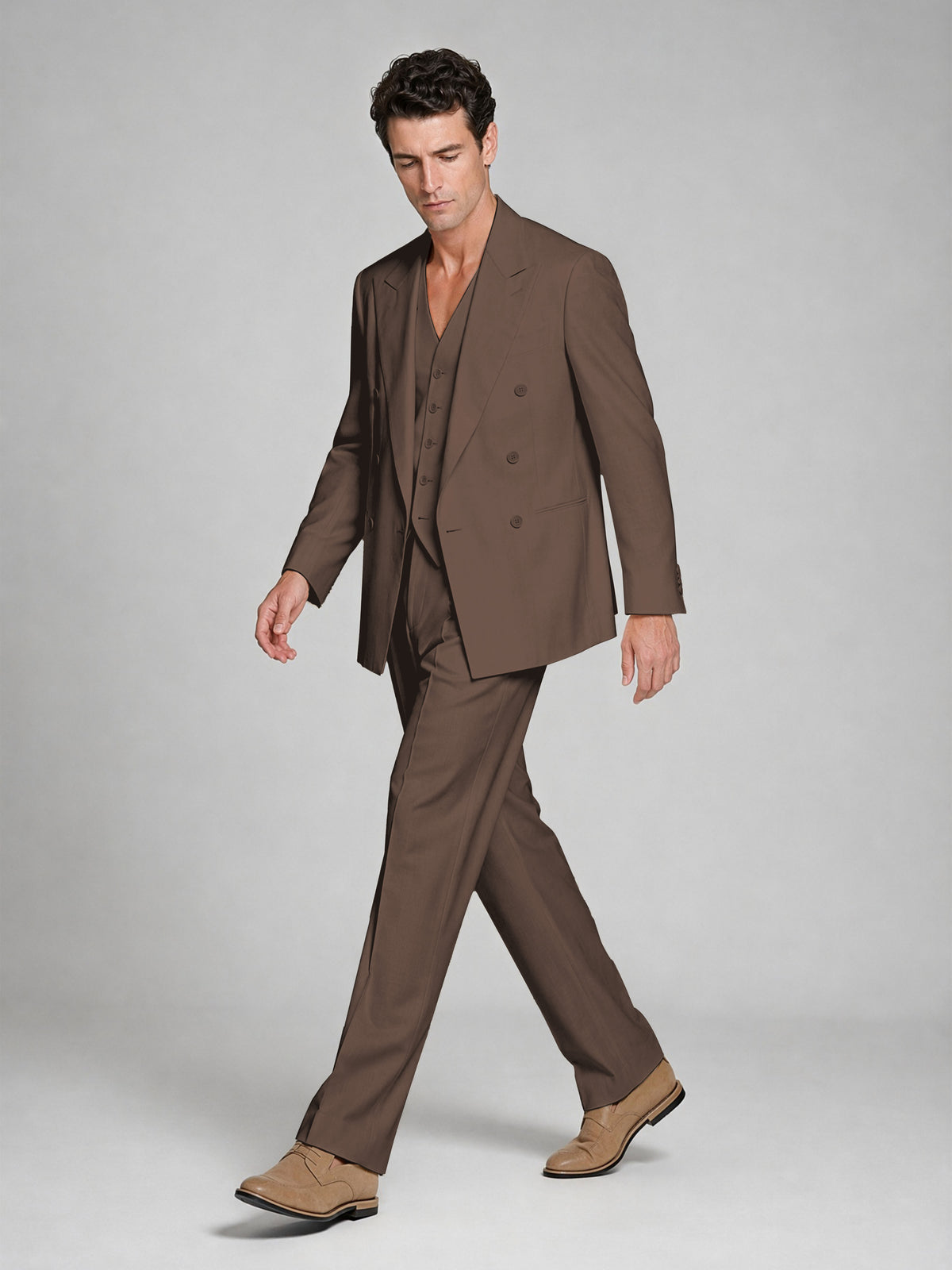 Men's Chocolate Double-Breasted 2-Piece Suit – Peak Lapel Wedding & Beach Formal Set with Vest - Chocolate