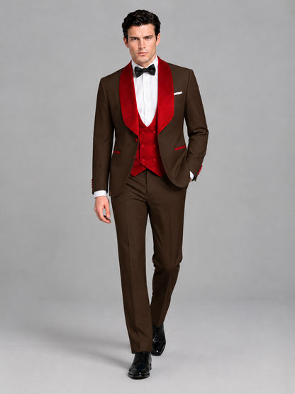 Savile Men's Chocolate 3-Piece Tuxedo Suit Set – Contrast Red Shawl Lapel Blazer, Red Waistcoat & Trousers - SUC020 - Chocolate