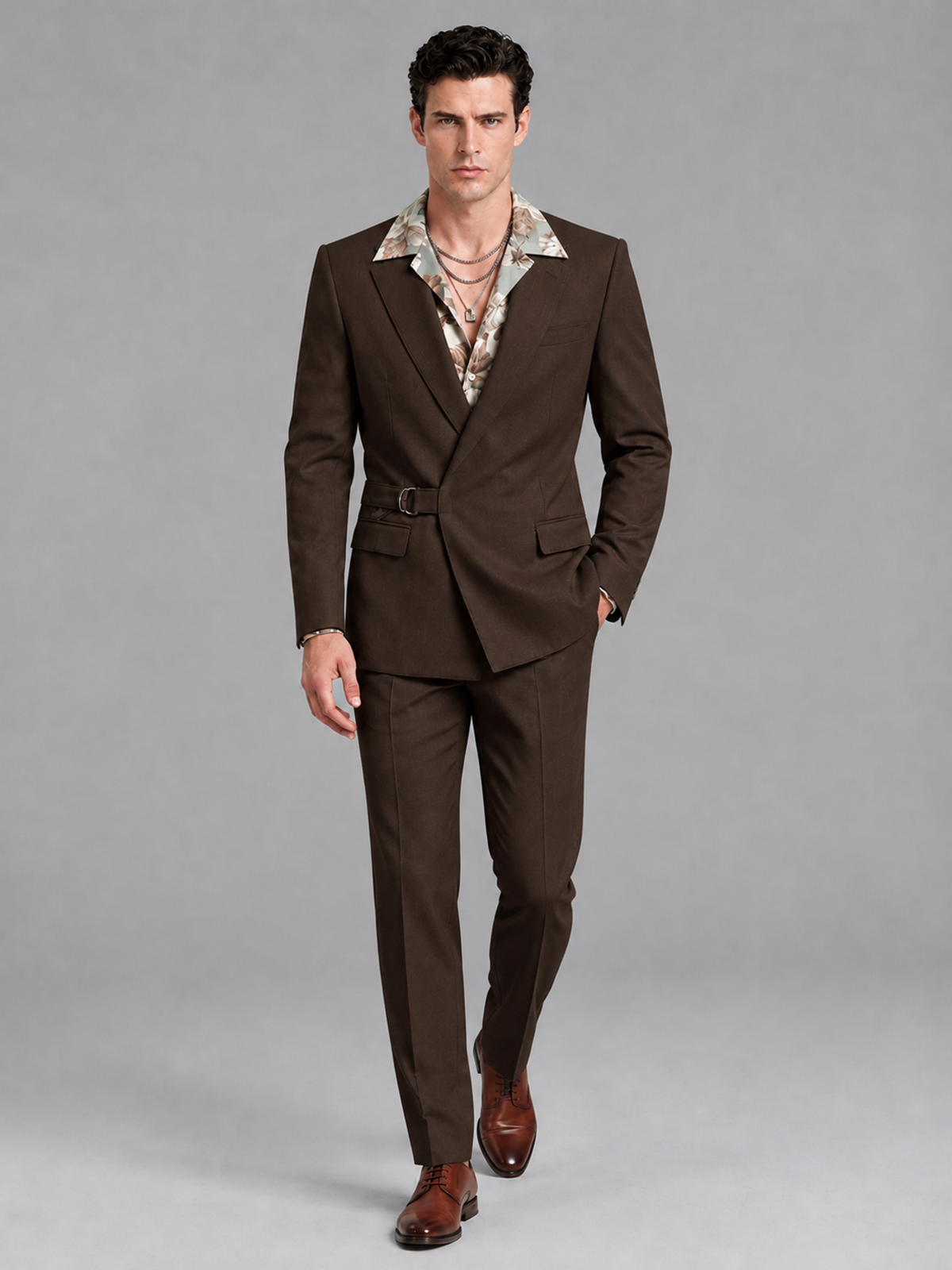 Savile Men's Chocolate Belted Wrap 2-Piece Suit – Peak Lapel Blazer & Tailored Trousers - SUC060 - Chocolate - Chocolate_4