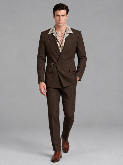 Savile Men's Chocolate Belted Wrap 2-Piece Suit – Peak Lapel Blazer & Tailored Trousers - SUC060 - Chocolate - Chocolate_4