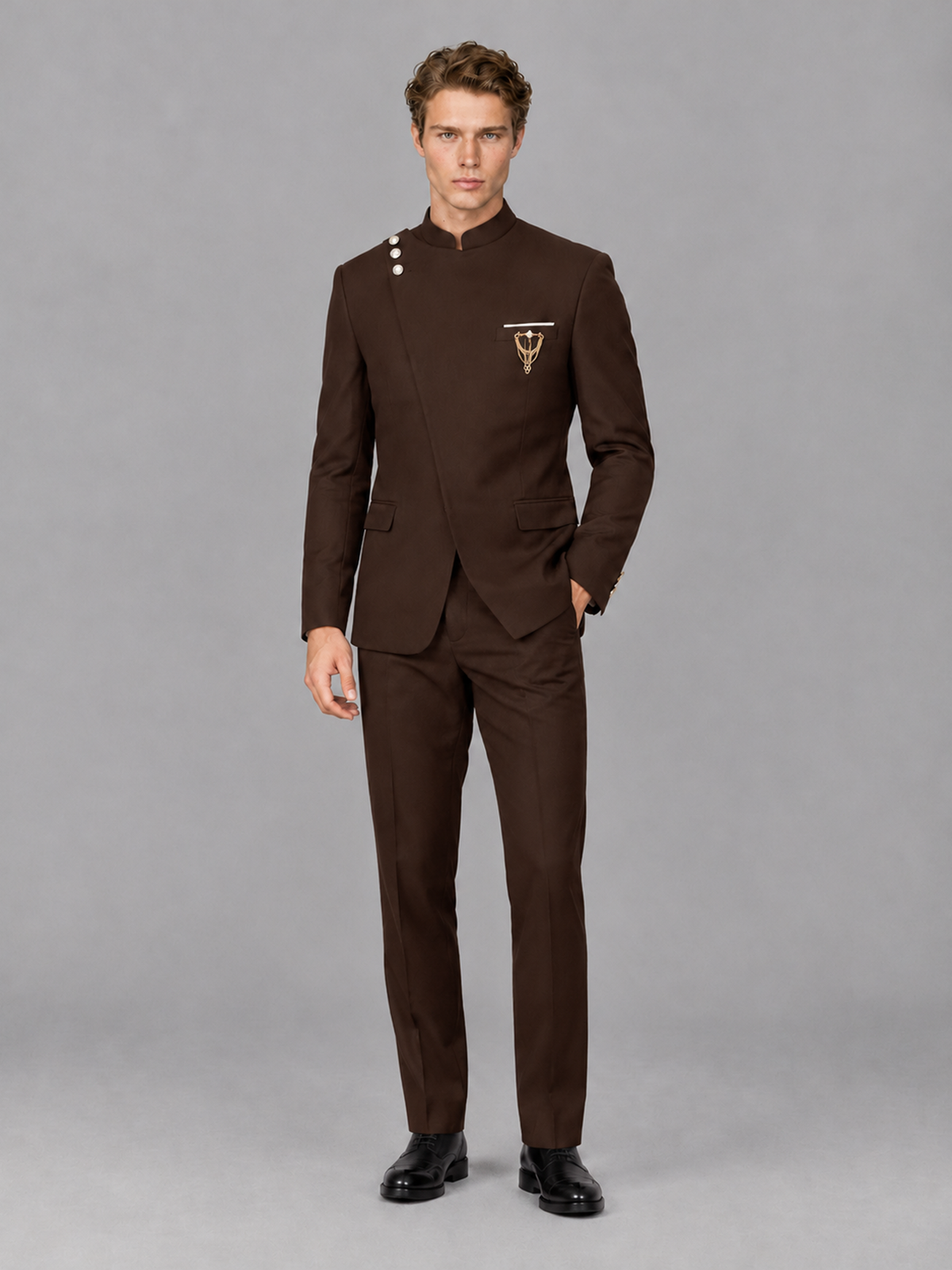 Savile Men's Chocolate Mandarin Collar Asymmetrical 2-Piece Suit Set – Modern Jacket & Trousers - Chocolate - Chocolate_4