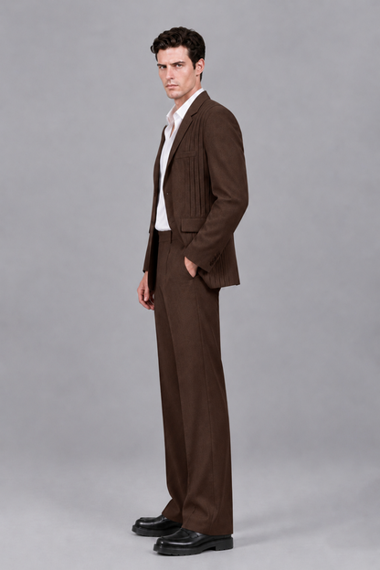 Savile Men's Chocolate Pleated 2-Piece Suit Set | Notch Lapel Blazer & Tailored Trousers - Chocolate - Chocolate_4
