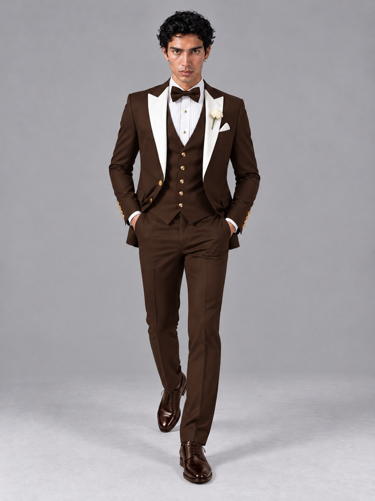 Savile Men's Chocolate Contrast White Peak Lapel 3-Piece Tuxedo Suit - Chocolate