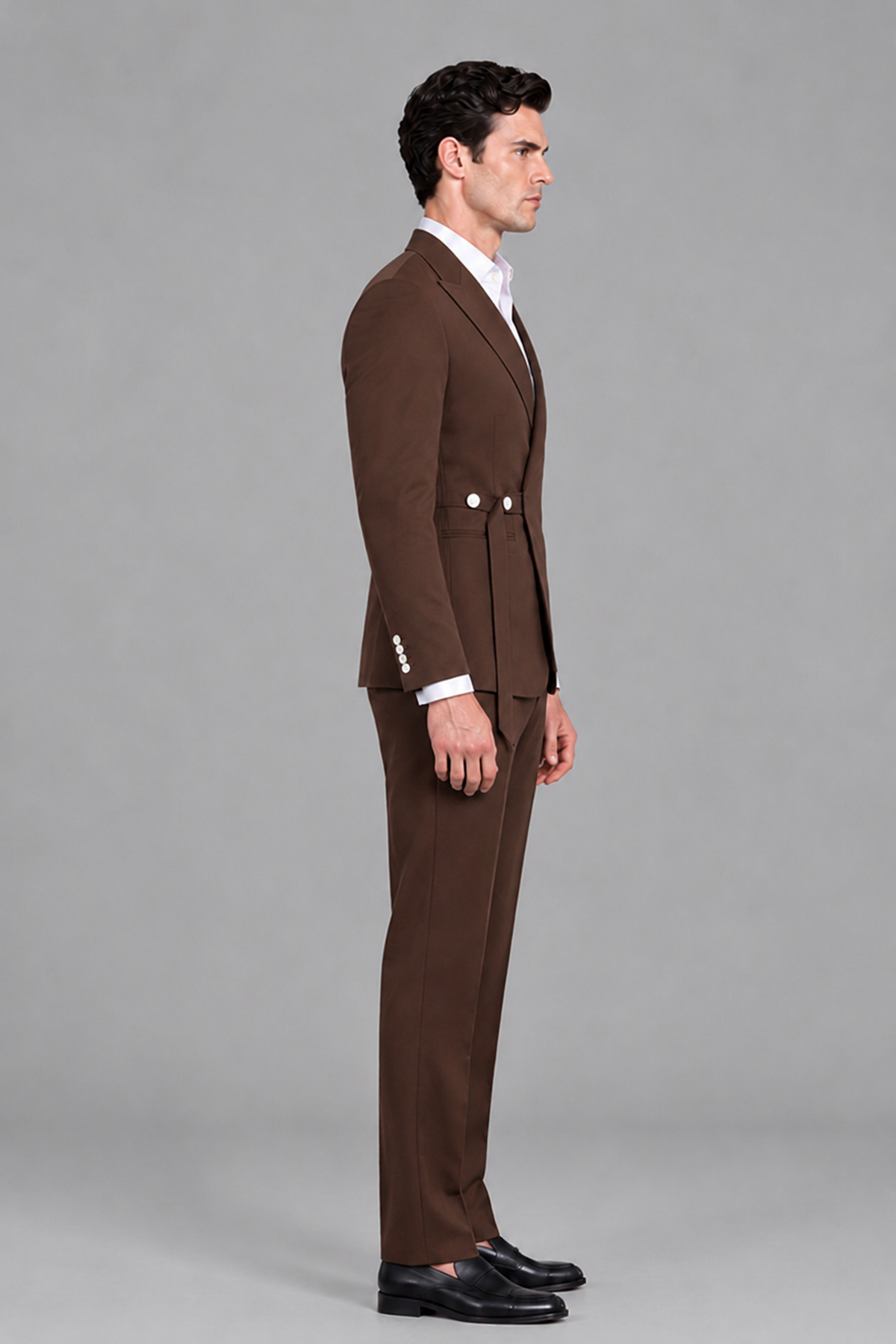 Savile Men's Modern Chocolate 2-Piece Wrap Suit Set – Peak Lapel Side-Button Blazer & Tailored Trousers - Chocolate - Chocolate_4