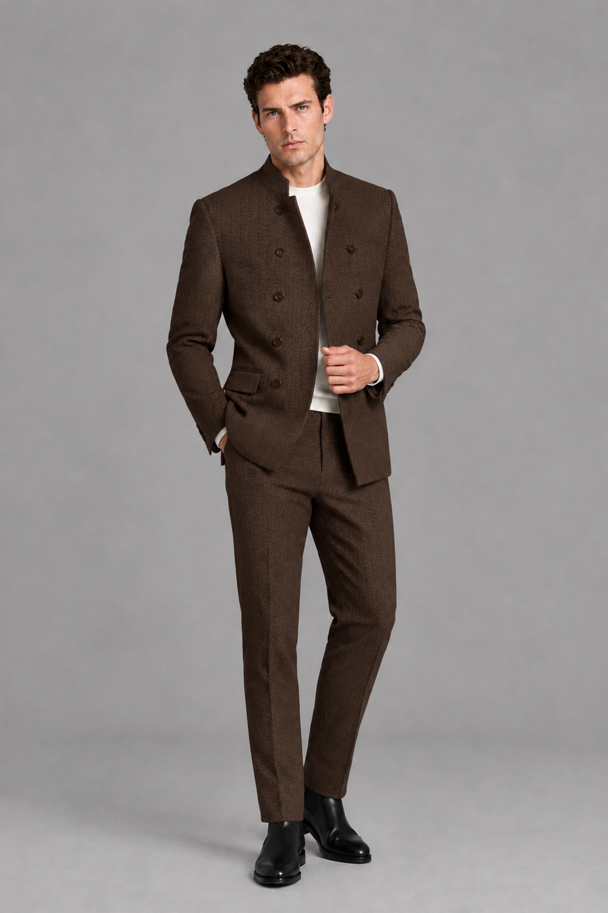 Savile Men's Chocolate Stand Collar Double Breasted Slim Fit 2-Piece Suit Set – Jacket & Trousers | Wedding Gala Formal - Chocolate
