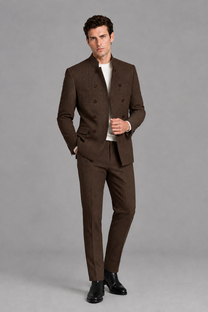 Savile Men's Chocolate Stand Collar Double Breasted Slim Fit 2-Piece Suit Set – Jacket & Trousers | Wedding Gala Formal - Chocolate