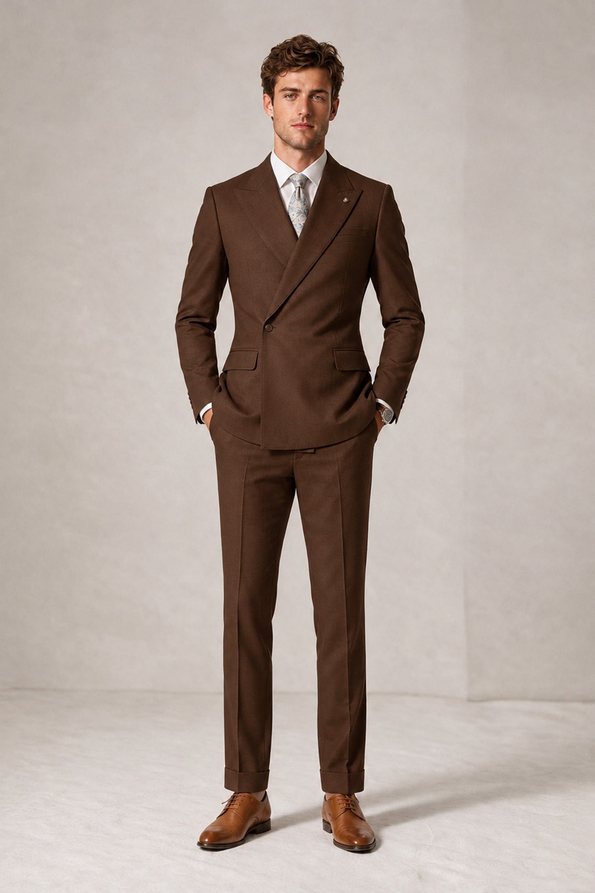 Savile Men's Chocolate Double-Breasted Slim Fit 2-Piece Suit Set – Peak Lapel Blazer & Cuffed Trousers | Wedding Prom Formal - Chocolate