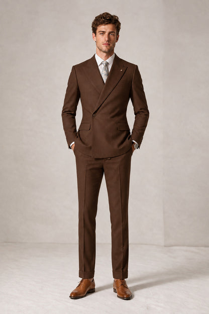 Savile Men's Chocolate Double-Breasted Slim Fit 2-Piece Suit Set – Peak Lapel Blazer & Cuffed Trousers | Wedding Prom Formal - Chocolate